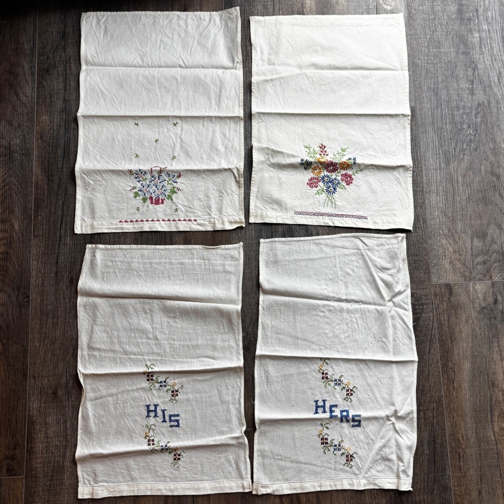 Vintage Hand‎ Embroidered Tea Towels Set of 4 Floral His and Hers White Cotton